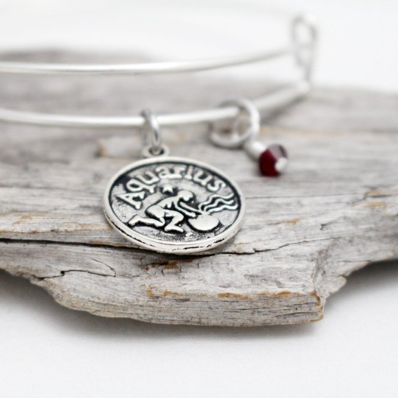 January Aquarius Adjustable Charm Bangle - Handmade Zodiac Bracelet - Picture 3 of 12